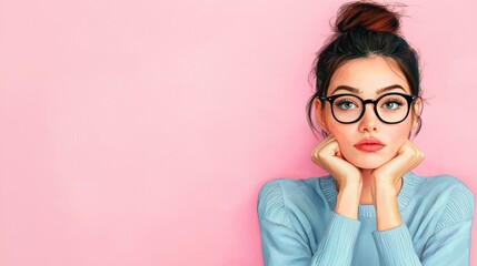 Young woman with glasses on pink background