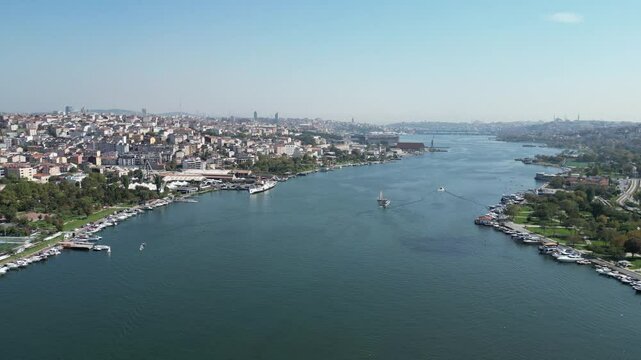 Istanbul Golden Horn view drone video shooting. Istanbul Silhouette and knee view, Istanbul Golden Horn known as the Golden Horn region