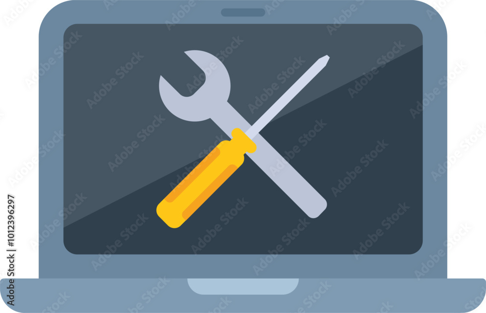 Poster laptop screen displaying crossed screwdriver and wrench, illustrating computer maintenance or techni