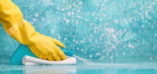 A person is cleaning a surface with a spray bottle and a yellow cloth - Powered by Adobe