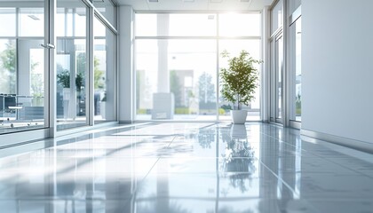 Modern interior space featuring bright sunlight, sleek flooring, and a potted plant, ideal for contemporary design projects.