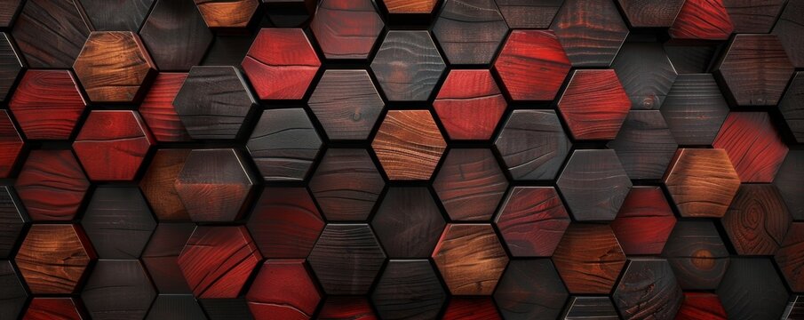 Abstract background made of wooden hexagon tiles in red and black colors and wood textures
