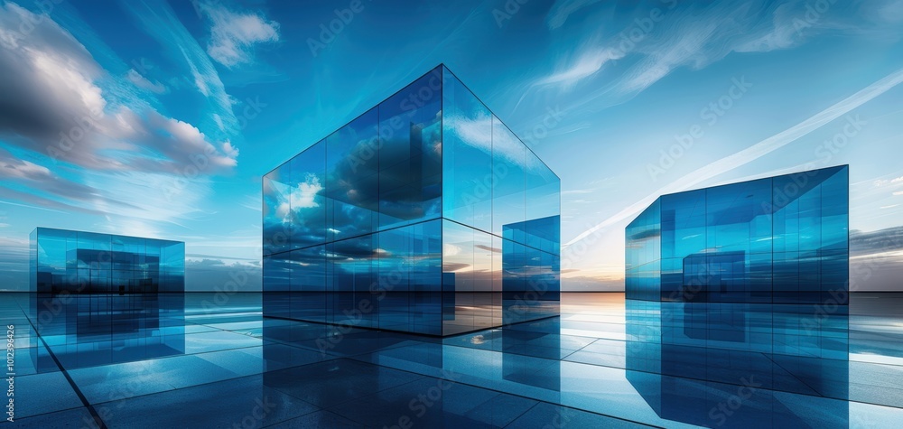 Poster abstract glass-like structures reflecting a vibrant sky, creating a serene and modern landscape at s