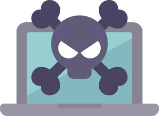 Laptop computer is displaying a skull and crossbones, representing online threats