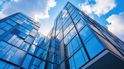 Obraz premium Upward view of sleek, modern glass office buildings reflecting a bright blue sky with clouds, showcasing contemporary urban architecture and transparency. 