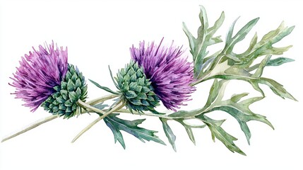 St Andrew's Day St Andrew's Day celebration, traditional Scottish thistle emblem, watercolor illustration, green and purple, isolated on white background
