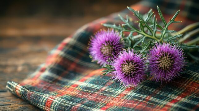 St Andrew's Day Thistle and Tartan A decorative arrangement of thistle flowers, the national emblem of Scotland, placed on a piece of tartan fabric, evoking Scottish heritage