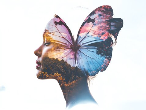 Vibrant natural double exposure of a woman s face overlaid with a colorful butterfly, reflecting self-care and transformation