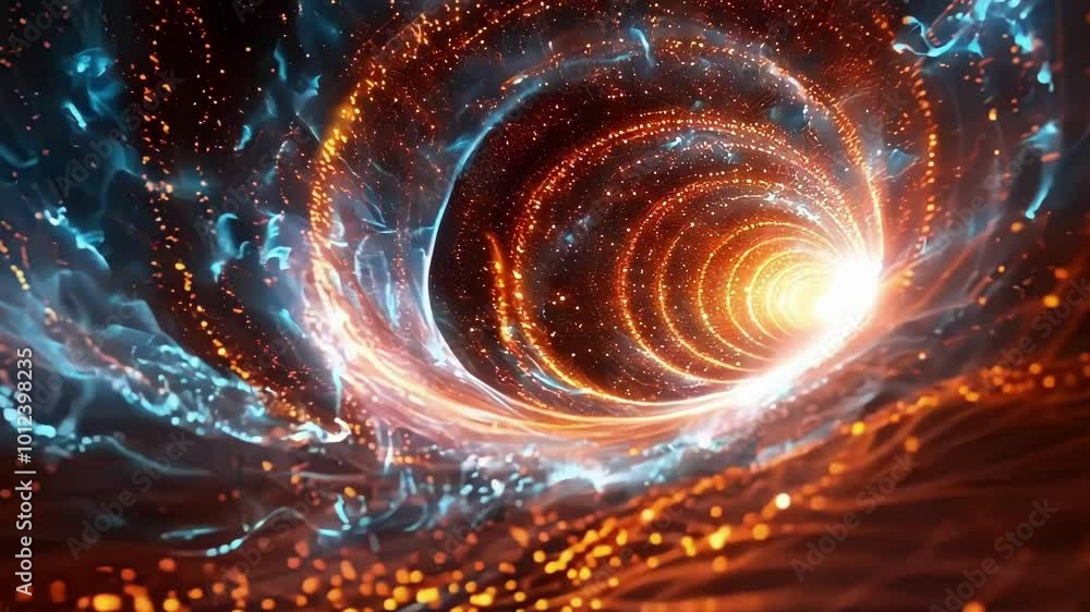 Poster abstract background with animation of flowing orange particles forming a dynamic tunnel shape, perfe