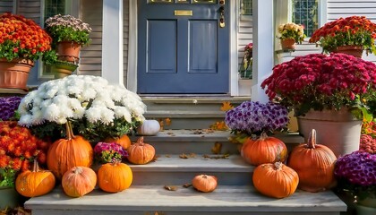 Cozy autumn porch adorned with vibrant orange and white pumpkins alongside colorful mums and fallen leaves. Generative AI