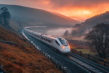 Fototapeta premium A high-speed train travels through a valley at sunrise, with fog and mountains in the background.