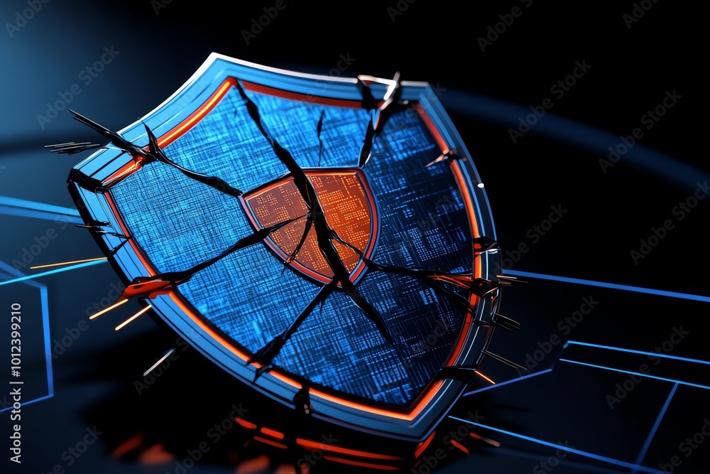 Poster Geometric design of a broken shield, with abstract lines representing the consequences of data theft