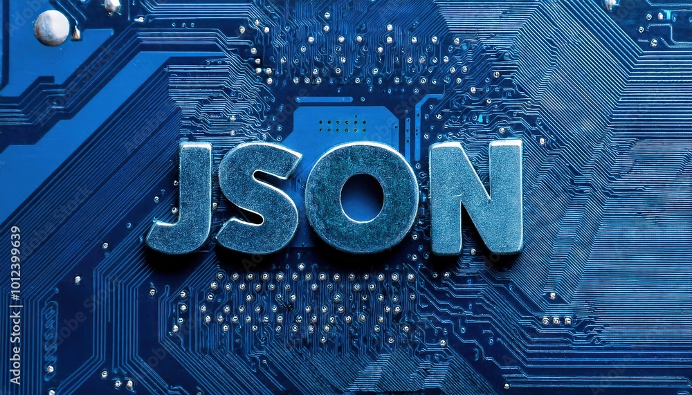 Poster json data format illustration on circuit board