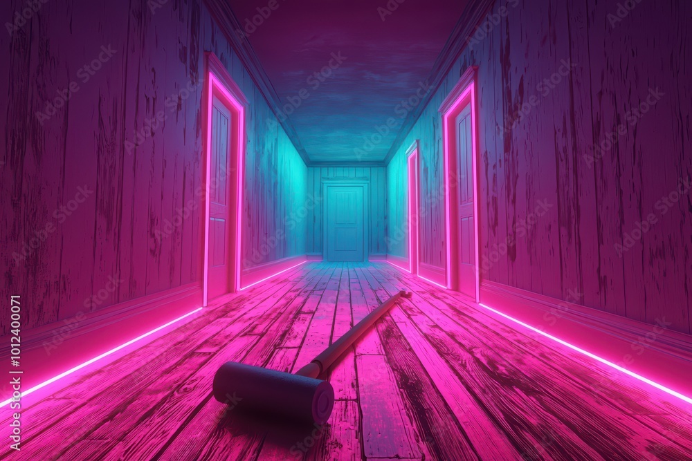 Poster a surreal corridor illuminated with neon lights, featuring a hammer resting on the wooden floor, cre