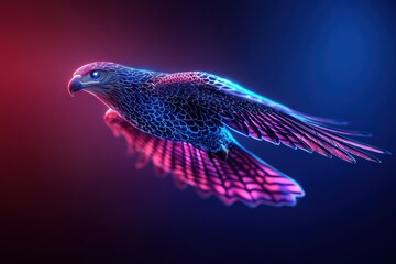 Obraz premium A vibrant, stylized hawk in mid-flight, showcasing intricate feather details against a dynamic blue and red background.