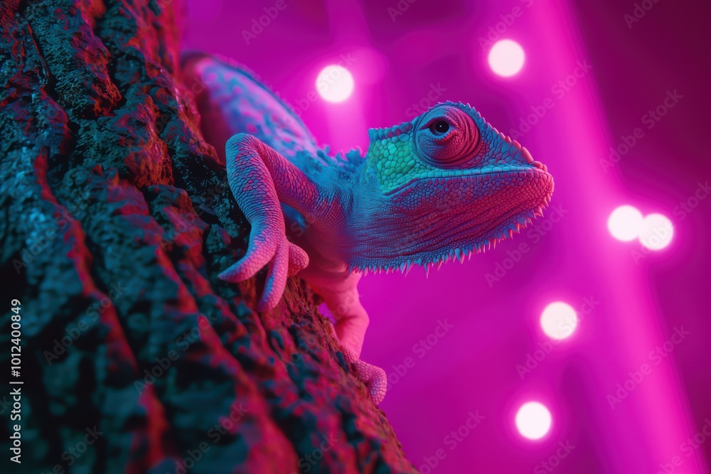 Aufkleber a vibrant lizard perched on a textured tree trunk, illuminated by colorful neon lights creating a su