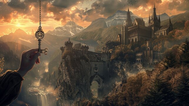 A hand reaches out towards a large, intricate key, suspended in the air above a majestic castle perched atop a mountain, bathed in the golden light of a setting sun.