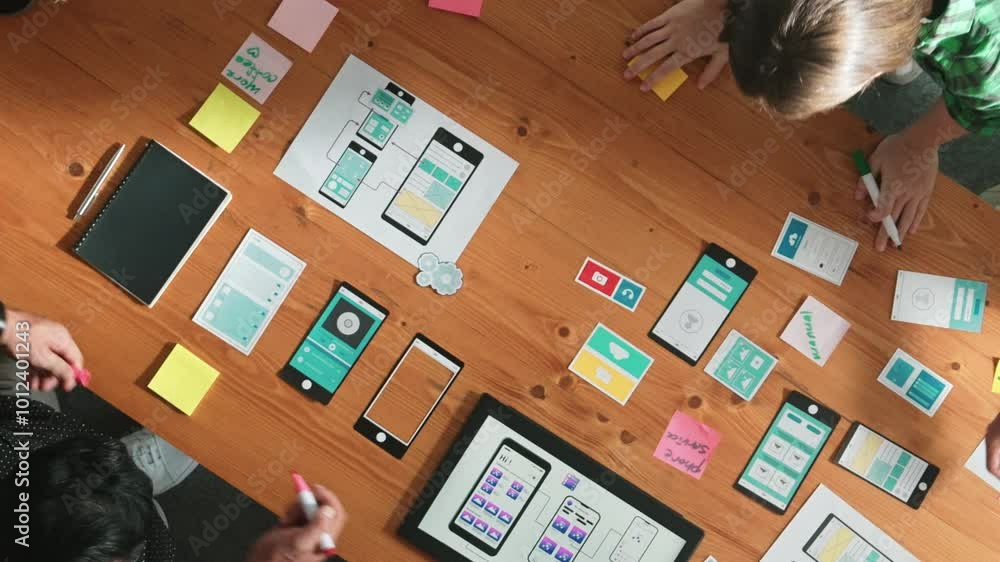 Poster top view of smart software developer working together to plan ux ui design. group of startup people 