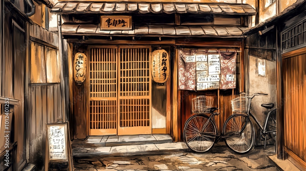 Poster Traditional Japanese wooden storefront with shoji screens 