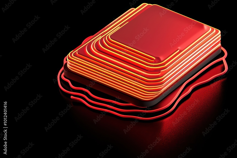 Poster abstract composition of layered red shapes with glowing outlines on a black background, creating a m