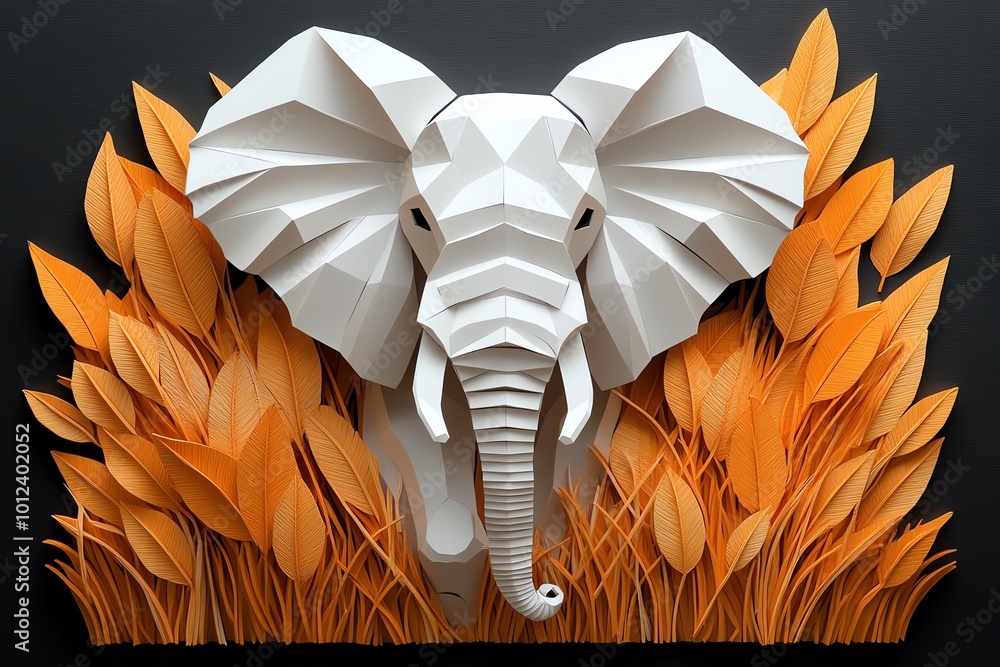 Poster Geometric design of an elephant walking through tall grass, using abstract shapes and soft colors to capture the majesty of this gentle giant