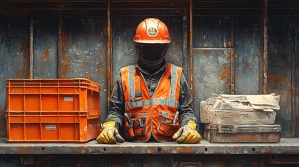 A construction worker's safety gear and tools are laid out on a shelf, ready for work.