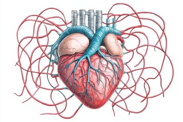 Detailed anatomical illustration of a human heart with arteries and veins, showcasing the complex structure of the circulatory system.