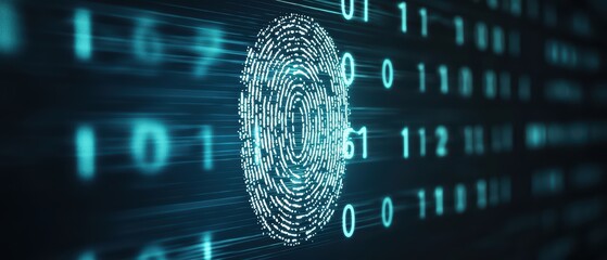 Digital fingerprint on a binary code background, symbolizing security and identity verification in cyberspace.