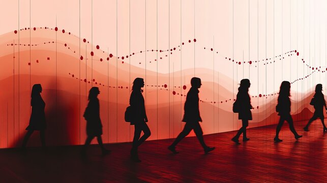 Silhouetted business figures walking across a giant GDP and inflation scatter plot, data visualization, economic journey 