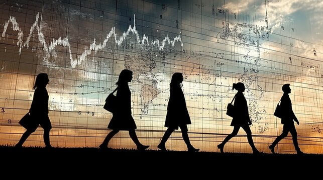 Silhouetted business figures walking across a giant GDP and inflation scatter plot, data visualization, economic journey 