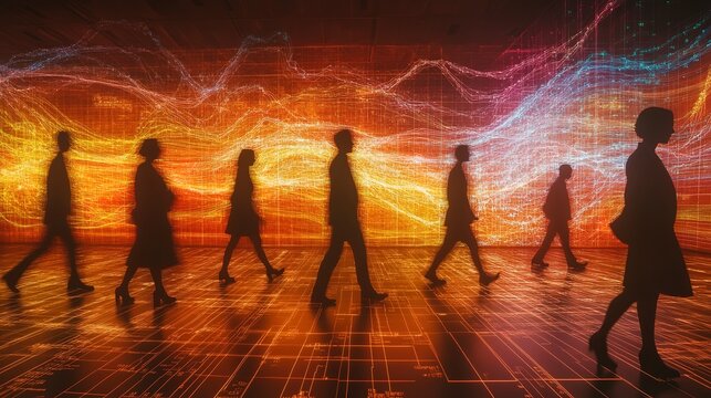 Silhouetted business figures walking across a giant GDP and inflation scatter plot, data visualization, economic journey  