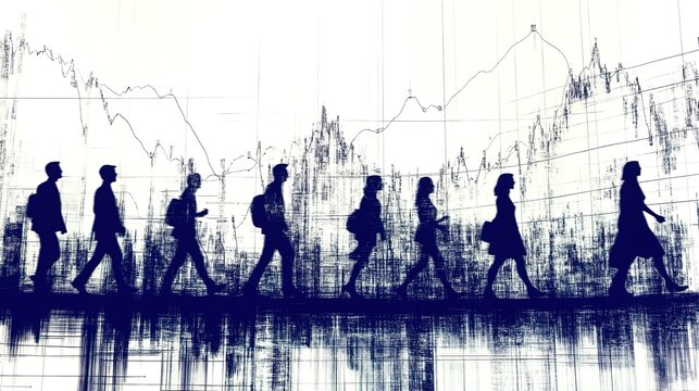 Silhouetted business figures walking across a giant GDP and inflation scatter plot, data visualization, economic journey 