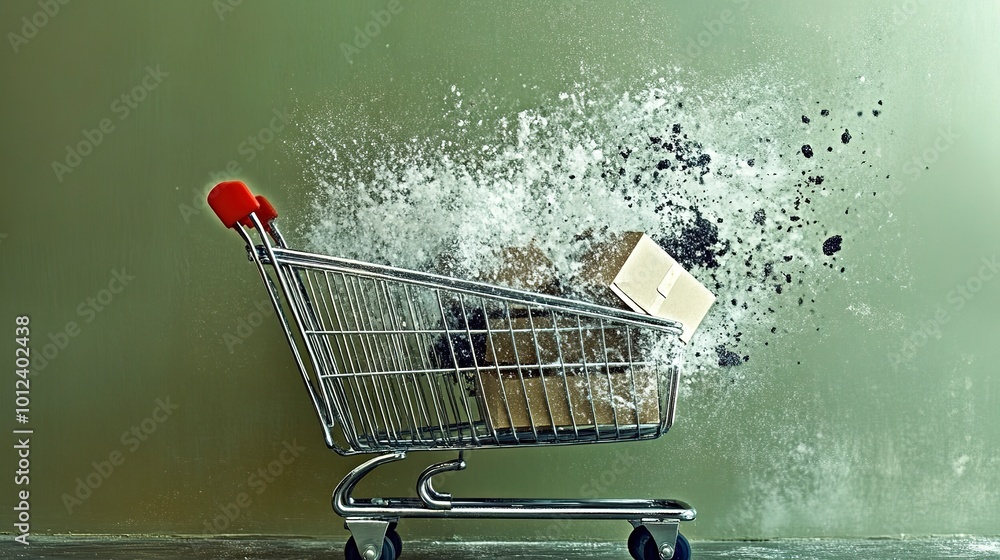 Poster shopping cart exploding. concept of price rise and inflation
