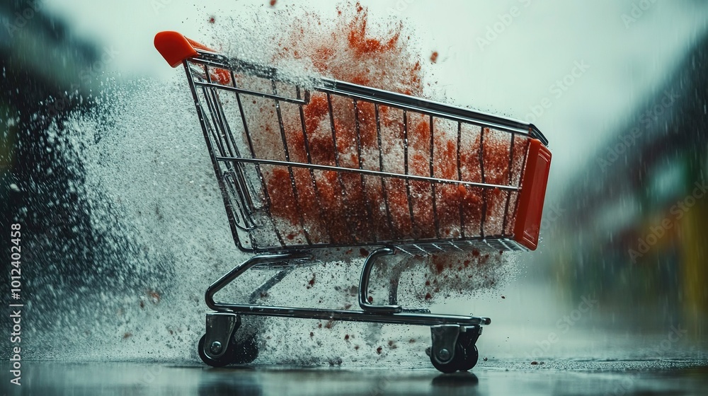 Poster shopping cart exploding. concept of price rise and inflation