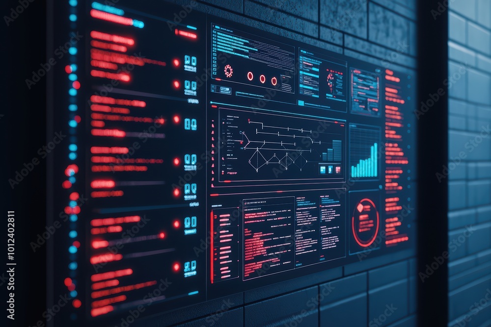 Poster futuristic display panel showcasing data analytics and metrics with neon colors against a dark backg