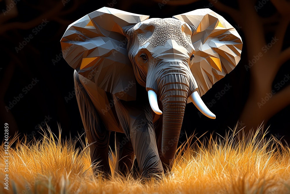 Poster Geometric design of an elephant walking through tall grass, using abstract shapes and soft colors to capture the majesty of this gentle giant