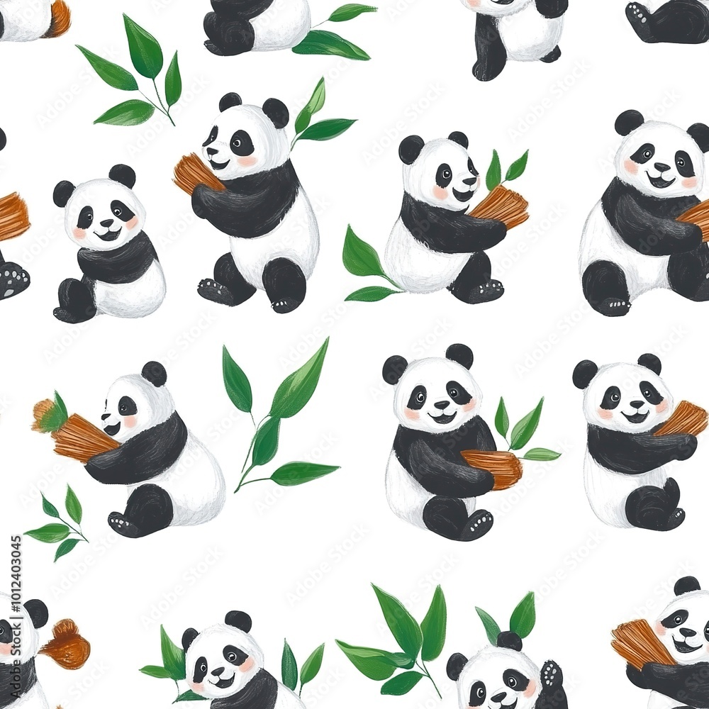 Poster seamless pattern with pandas.