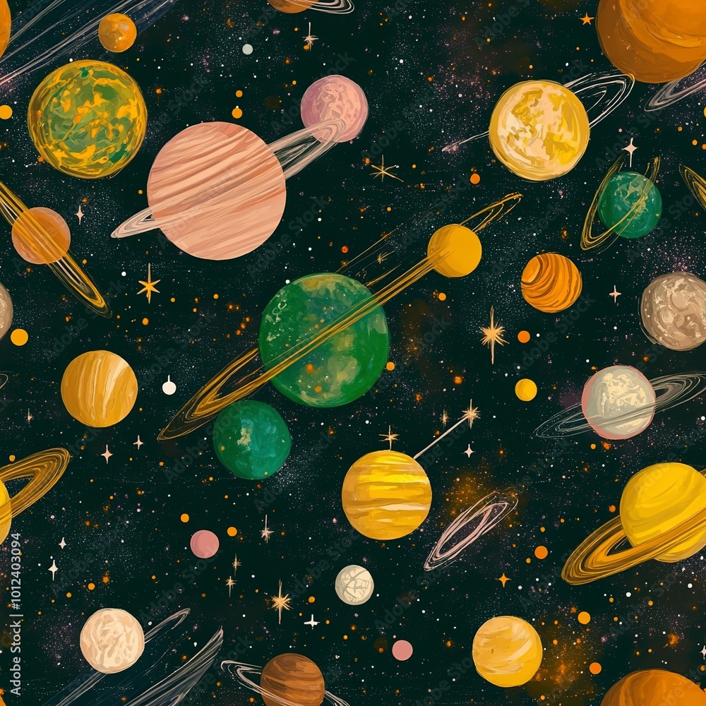 Poster seamless pattern with outer space with stars, universes and galaxies on dark multicolored background