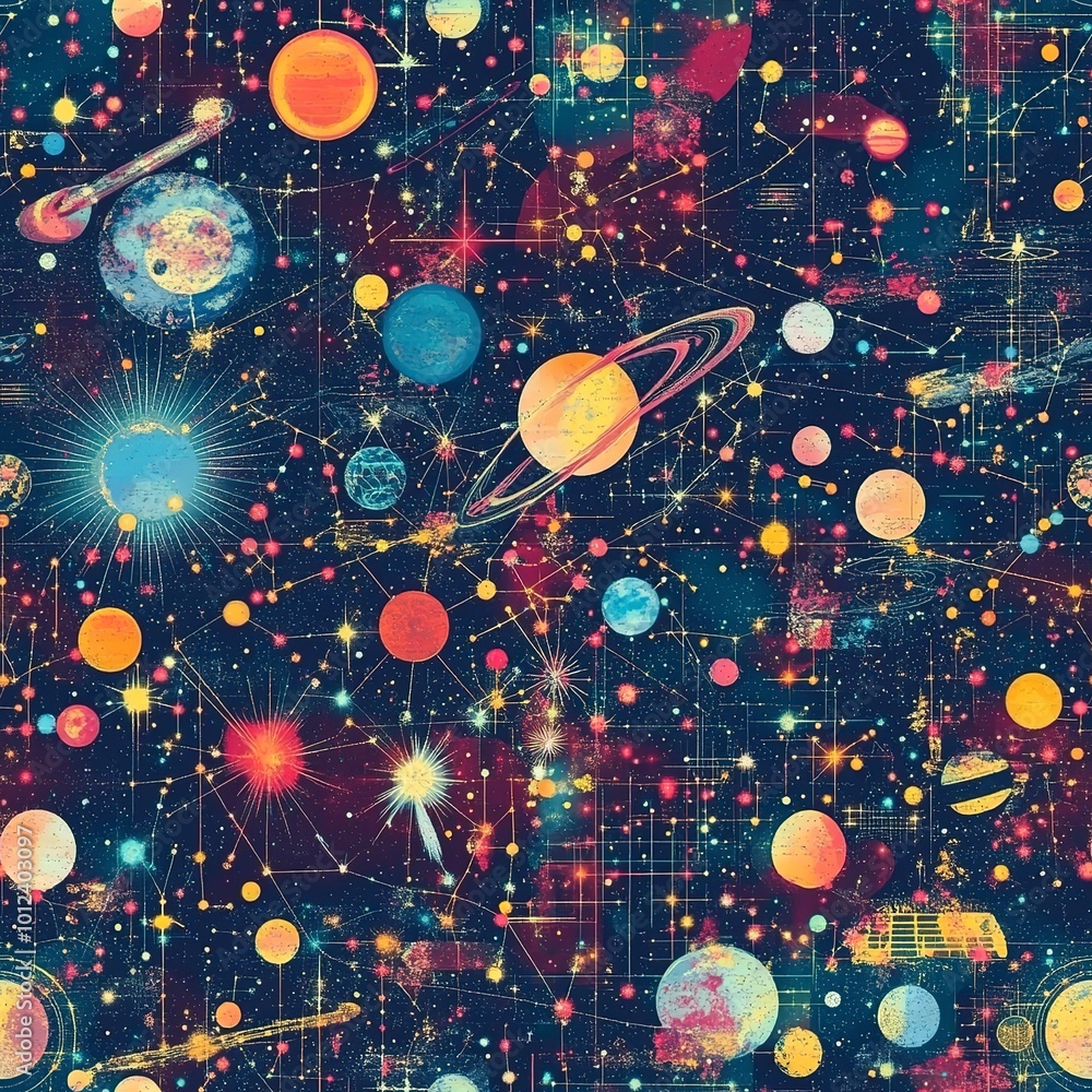 Poster seamless pattern with outer space with stars, universes and galaxies on dark multicolored background
