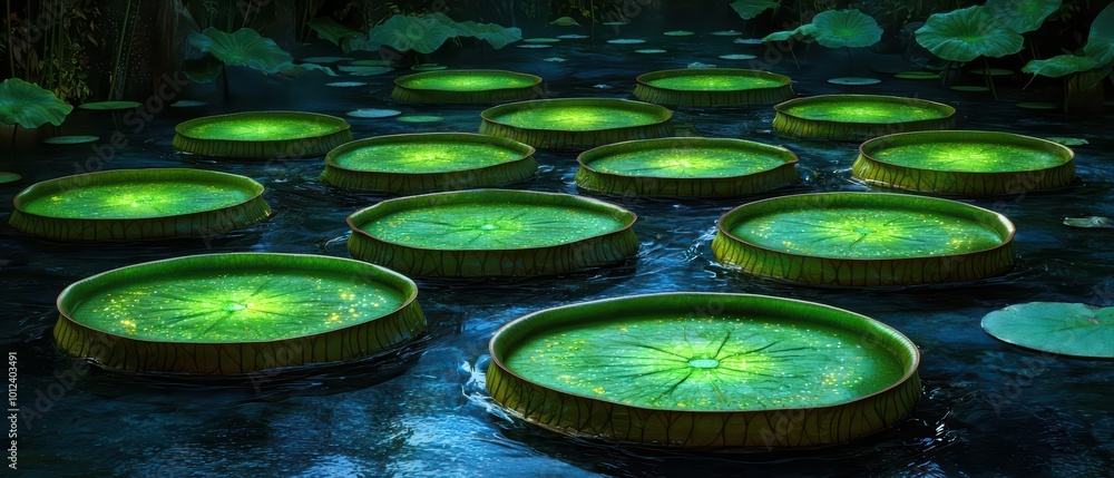 Poster lily pads floating on a serene water surface, illuminated by soft ambient light, creating a tranquil
