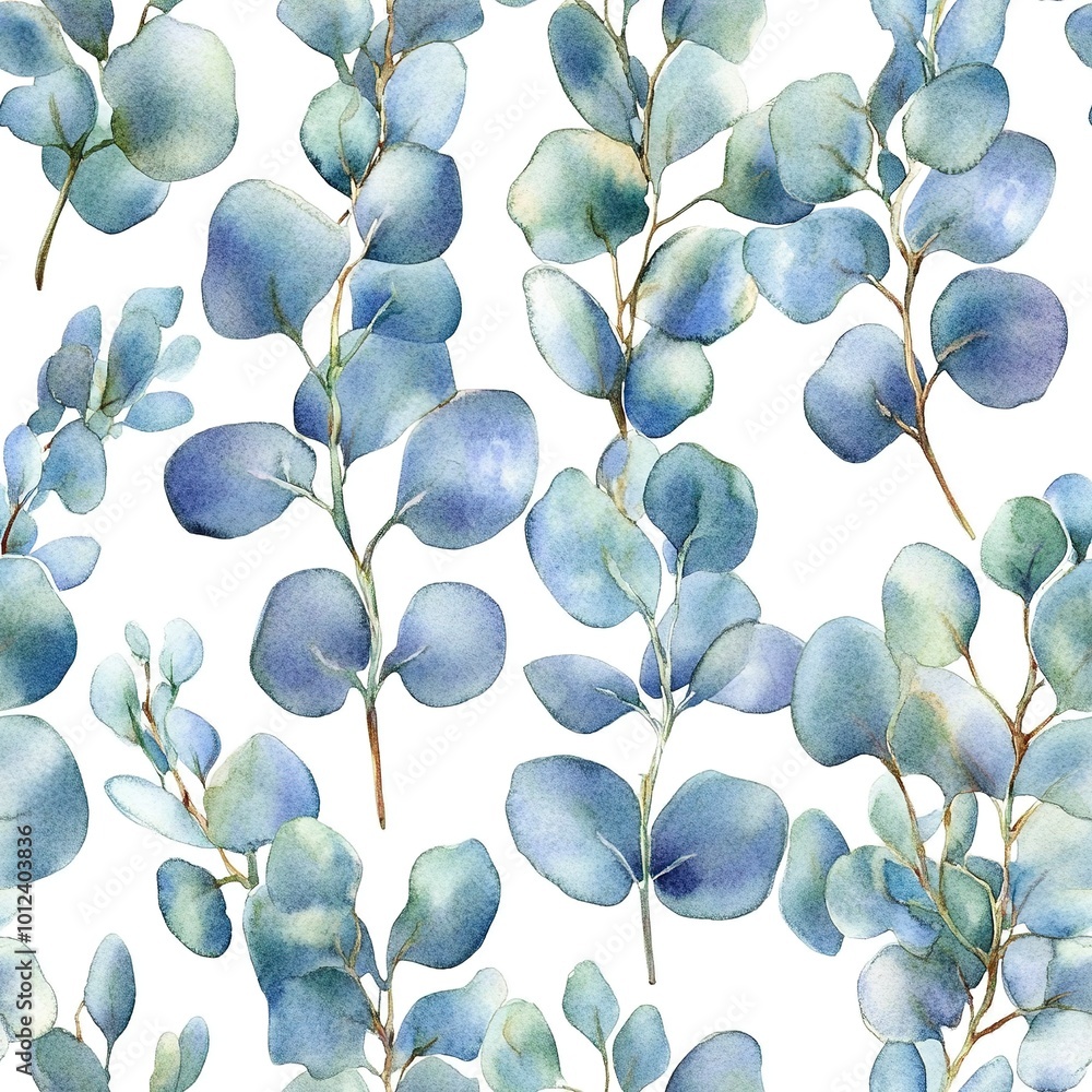 Canvas Prints seamless pattern of watercolor eucalyptus true blue branches on white background. 