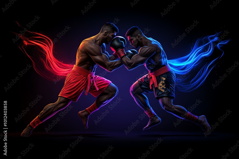 Poster geometric design of two muay thai fighters locked in a clinch, with simple shapes and soft gradients