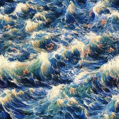 Fototapeta premium Sea wave seamless able texture illustration. Tile pattern of digital painting in impressionism style for wallpaper or fabric. 