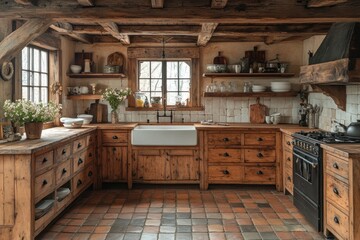 Rustic kitchen with wooden cabinets, exposed beams, a farmhouse sink, and a black range.
