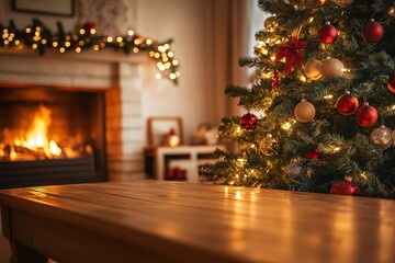 Cozy Christmas Living Room with a Decorated Tree and a Warm Fireplace