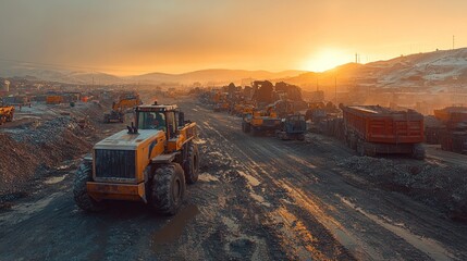 A line of heavy machinery work on a construction site at sunset, with a yellow tractor in the foreground and a line of dump trucks in the background.