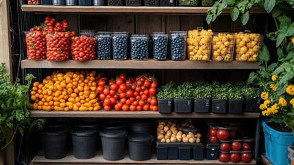 A wooden shelf display showcasing various types of fresh produce, including yellow and red tomatoes, blueberries, and microgreens.