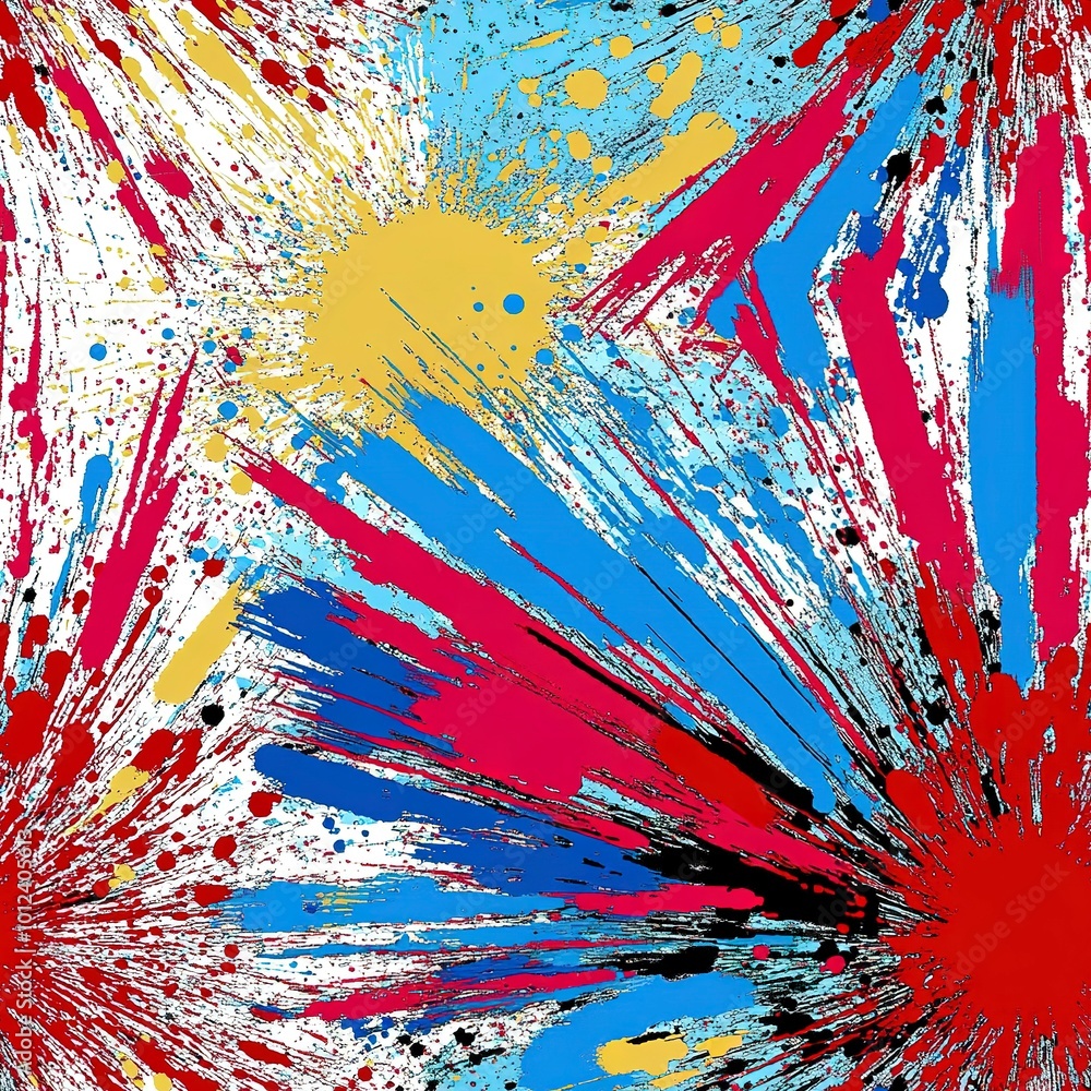 Poster punk pop rock style starburst elements with color splash abstract background, seamless pattern.
