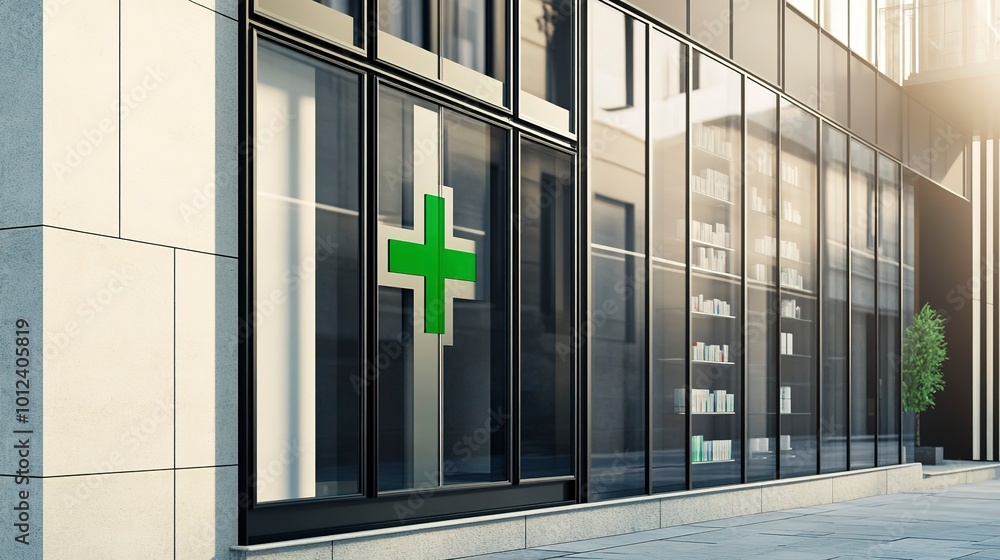 Poster pharmacy storefront with glass windows and green cross symbol. Contemporary healthcare retail building exterior with clean design, located in urban city area along a sidewalk  