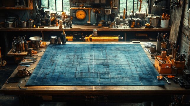 A wooden workbench with a blueprint spread out, surrounded by tools and supplies in a workshop.